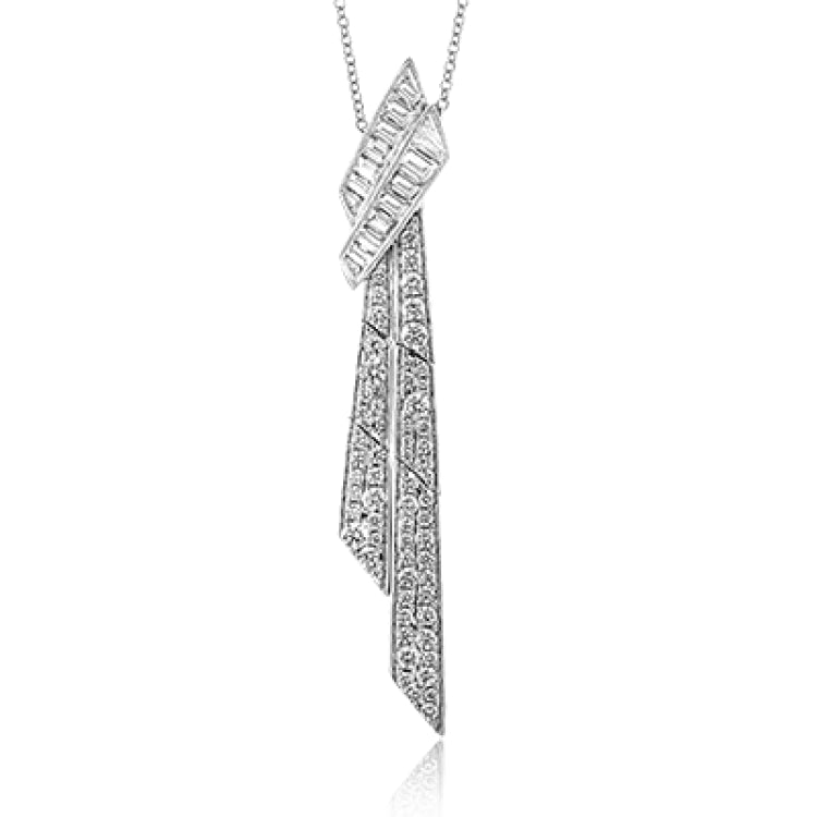 Dress up any outfit with this asymmetric diamond pendant which features straight baguettes 0.79 ctw and round brilliant diamonds 0.82 ctw