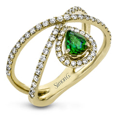 This 18k white gold ring has a lovely looping design which hold a .31 ctw emerald gemstone.