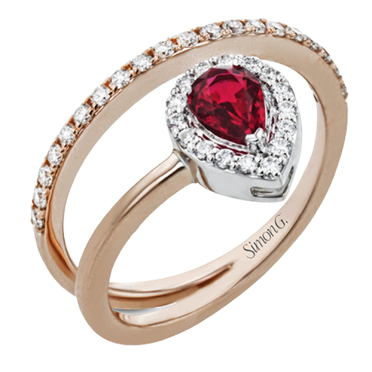 This lovely 18k rose gold ring contains .47 ct pear shaped ruby surrounded by .33 ctw of white diamonds.