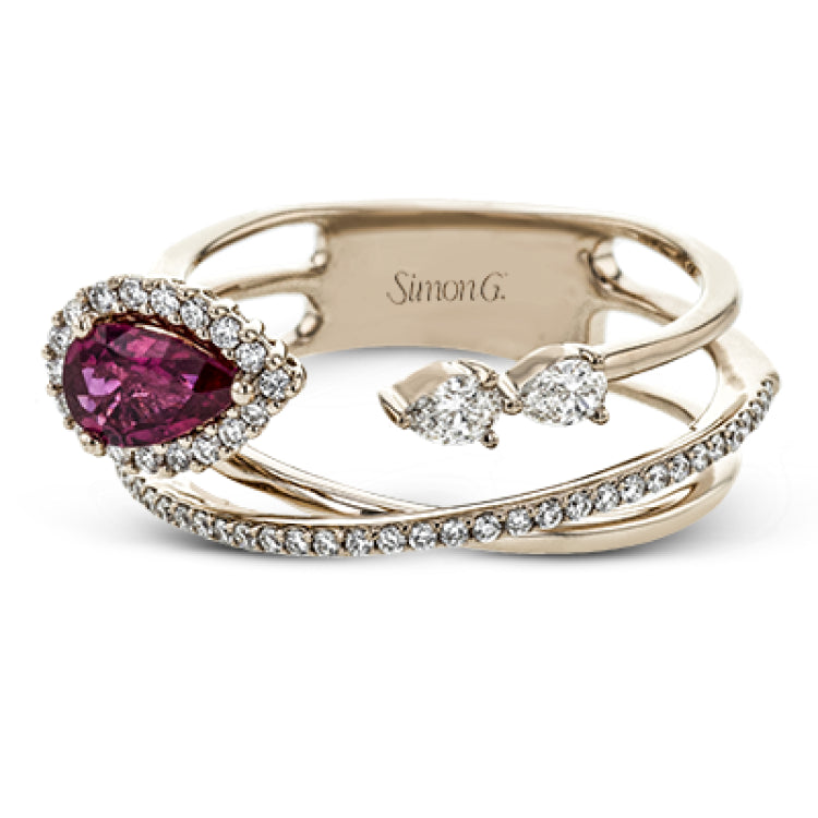 This dynamic 18k rose gold ring features a .45 ct ruby gemstone and .32 ctw of pear and round shape white diamonds.