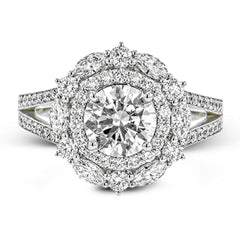 Rows of diamonds create a stunning effect in this 18k white gold engagement ring made for a round diamond. A total of .65 ctw of round diamonds and .35 ctw marquise diamonds surround the center stone.