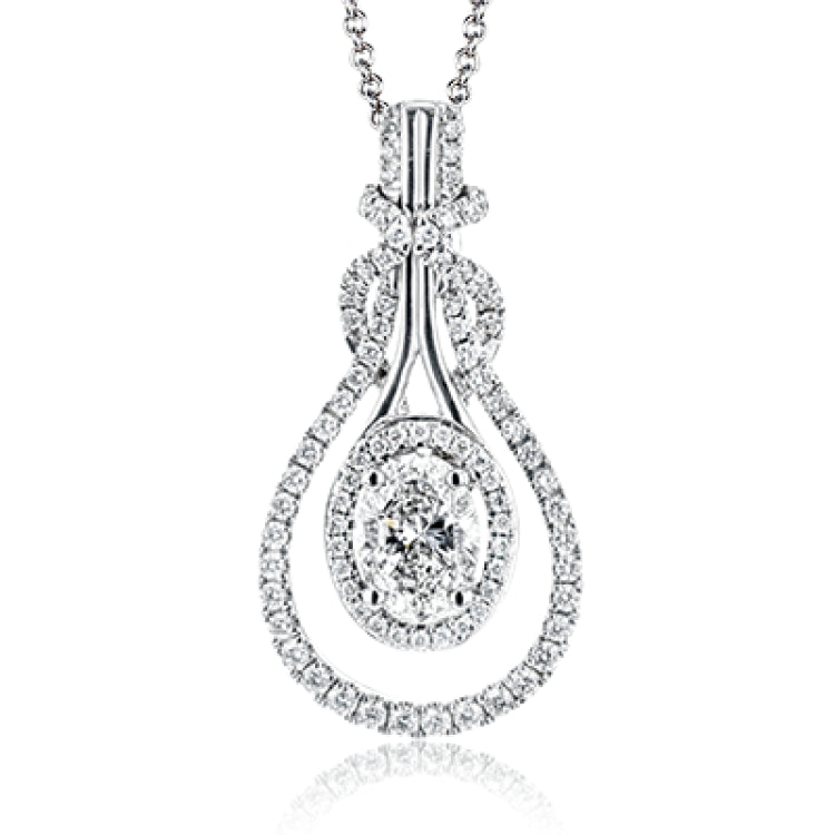 18k white gold twists and turns around itself in this oval shaped pendant, set with .29 ctw of white diamonds and an oval shaped center stone.