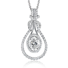 18k white gold twists and turns around itself in this oval shaped pendant, set with .29 ctw of white diamonds and an oval shaped center stone.