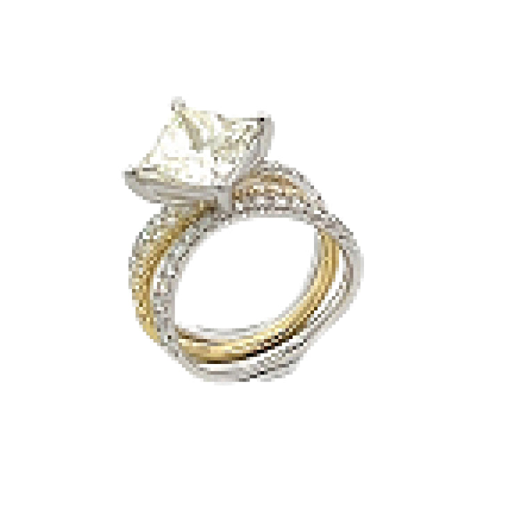 This distinctive bridal set design features a double-layer wedding band that fits around the engagement ring. The set contains .77 ctw of white diamonds.