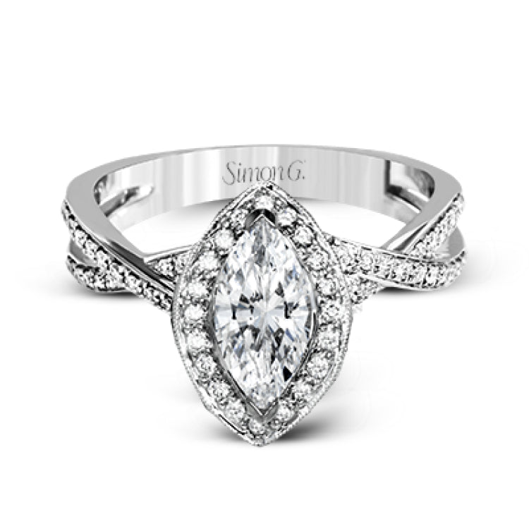 This sparkling modern engagement ring features an eye-catching twisted design with elegant classic halo accented by .29 ctw of shimmering round cut white diamonds.