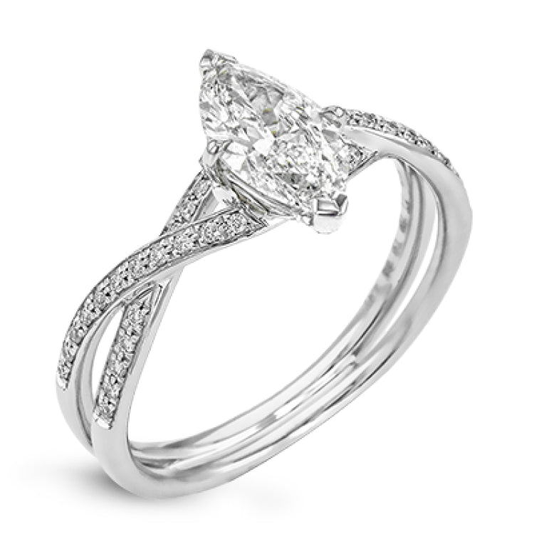 This sparkling modern white gold engagement ring and wedding band set features an eye-catching twisted design accented by .22 ctw of shimmering round cut white diamonds.