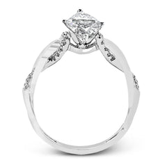 This impressive contemporary white engagement ring features a unique twisting design on the shank, which is complemented by .17 ctw of round cut white diamonds.