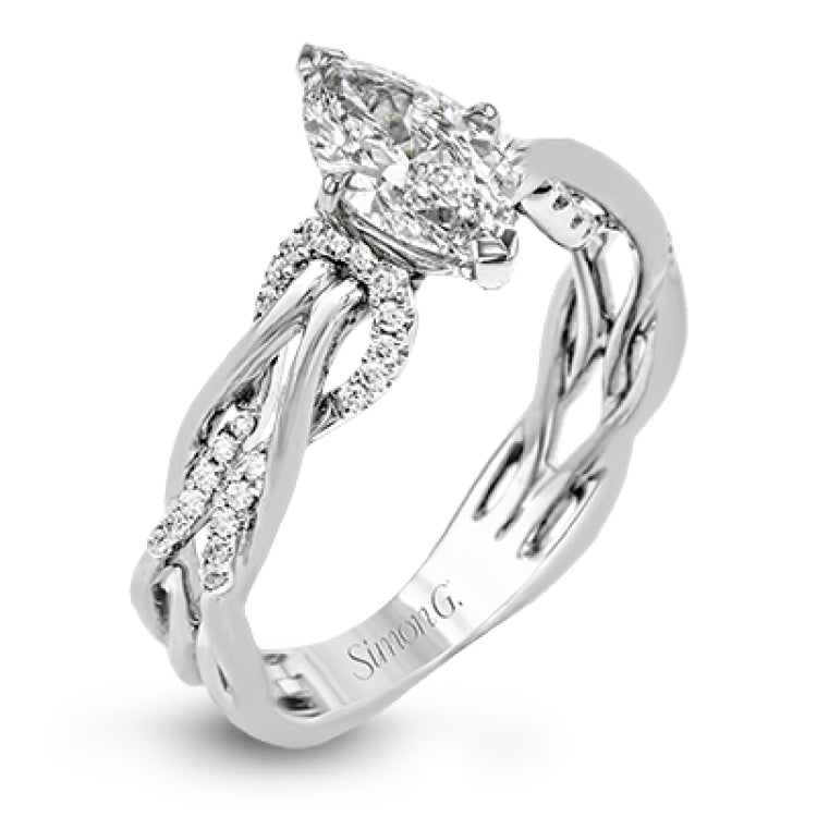 This impressive contemporary white engagement ring features a unique twisting design on the shank, which is complemented by .17 ctw of round cut white diamonds.