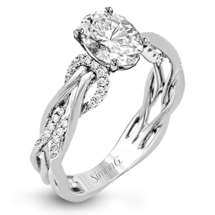 This impressive contemporary white engagement ring features a unique twisting design on the shank, which is complemented by .17 ctw of round cut white diamonds.