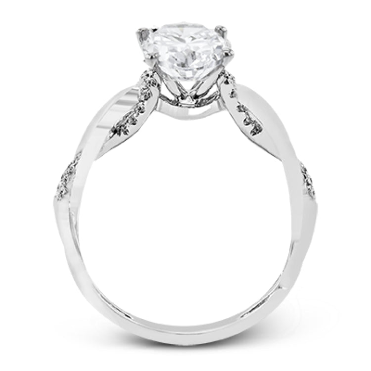 This impressive contemporary white engagement ring features a unique twisting design on the shank, which is complemented by .17 ctw of round cut white diamonds.