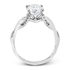 This impressive contemporary white engagement ring features a unique twisting design on the shank, which is complemented by .17 ctw of round cut white diamonds.