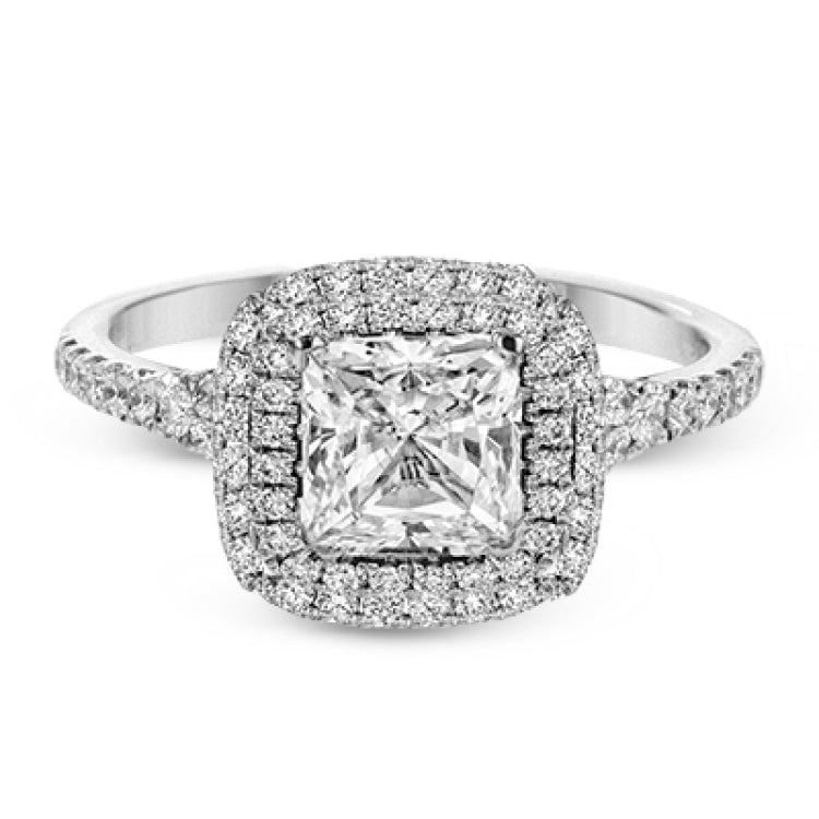 This beautiful, classic style setting features a double halo design built for an oval center stone. It contains .40 ctw of side diamonds.