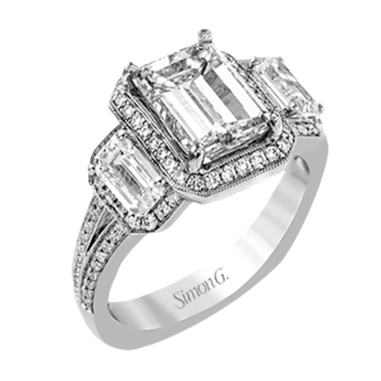 This impressive white gold ring features .43 ctw emerald cut side diamonds and is accented with .38 ctw round cut diamonds.