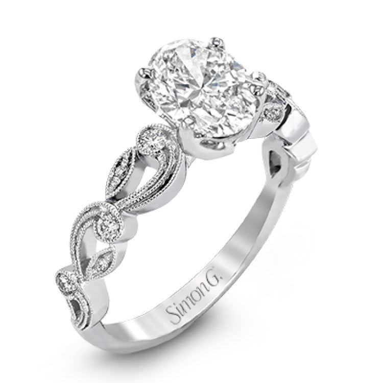 This beautiful vintage-inspired engagement ring design is built for an oval center stone and contains the perfect touches of .28 ctw of white diamonds in its midst.