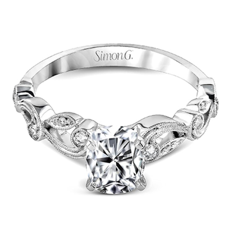 This beautiful vintage-inspired engagement ring design is built for an oval center stone and contains the perfect touches of .28 ctw of white diamonds in its midst.