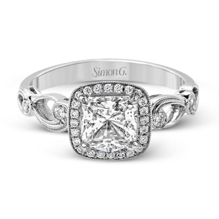 Reflecting a lovely romantic design, this white gold classic engagement ring features .16 ctw round cut white diamond accents.