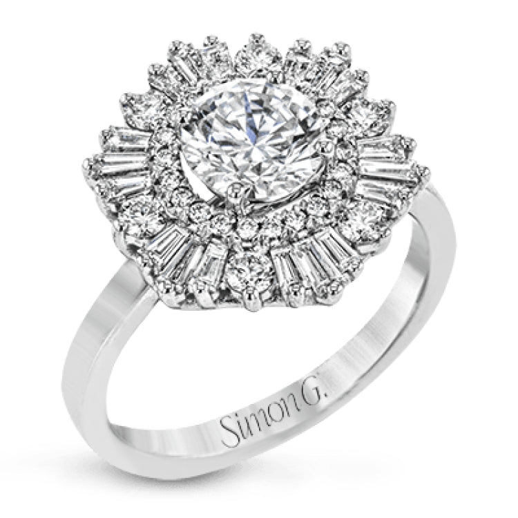 Crafted from 18k gold, this halo ring features a stunning .36 ctw of round diamonds and .49 ctw of baguette shaped diamonds.
