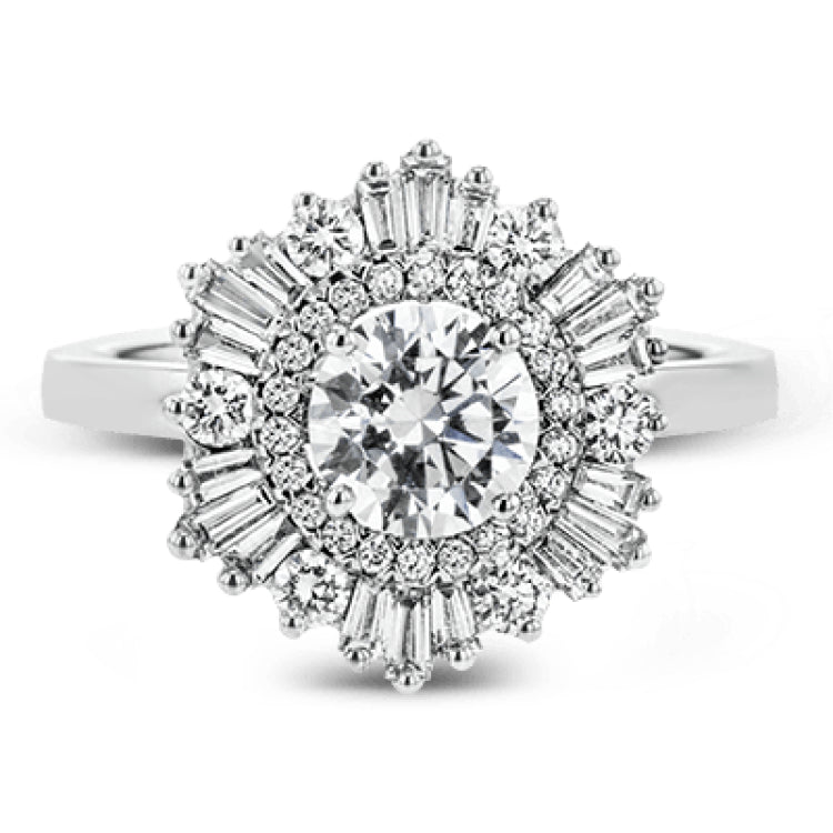Crafted from 18k gold, this halo ring features a stunning .36 ctw of round diamonds and .49 ctw of baguette shaped diamonds.
