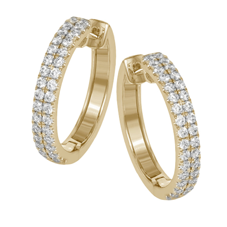 A full 1.00 ctw of round white diamonds form two rows of sparkle in these lovely 18k yellow gold hoop earrings.