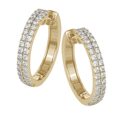 A full 1.00 ctw of round white diamonds form two rows of sparkle in these lovely 18k yellow gold hoop earrings.
