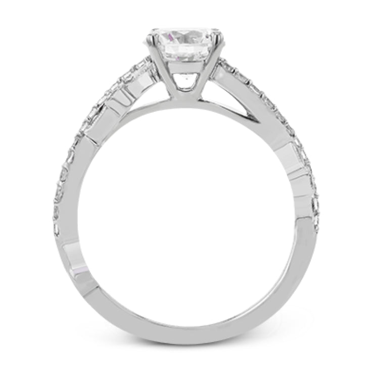 A modern, unique design, this 18k gold engagement ring featuring an intertwined design set with .22 ctw of white diamonds.