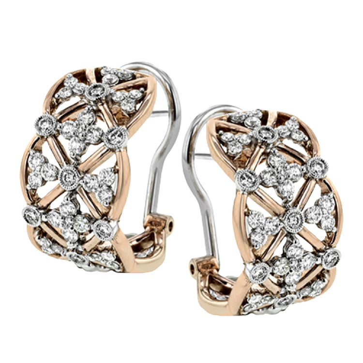 Diamonds climb up rose gold structures like vines on a trellis in these intricately detailed hoop earrings.
