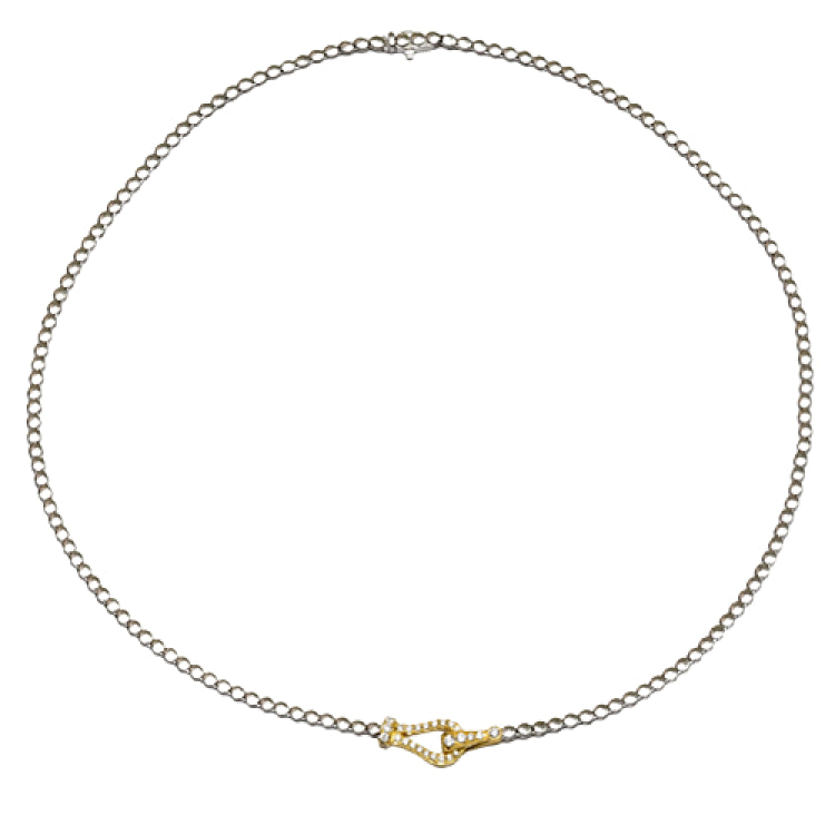 A yellow gold buckle stands out amidst white gold in this singular necklace that shines with .43 ctw of white diamonds.