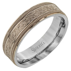 Brushed texture and a milgrain detail give this rose and white gold wedding band a classic, yet modern feel