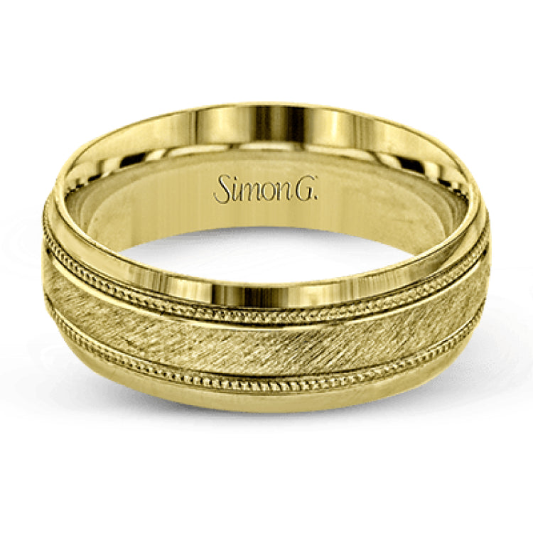 A textured white gold exterior conceals a rose gold interior accent in this elegant, modern wedding band