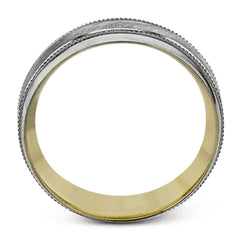 A textured white gold exterior conceals a rose gold interior accent in this elegant, modern wedding band