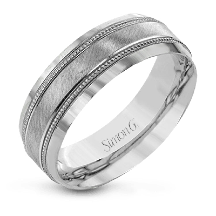 A textured white gold exterior conceals a rose gold interior accent in this elegant, modern wedding band