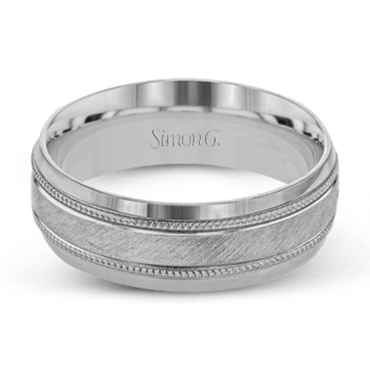 A textured white gold exterior conceals a rose gold interior accent in this elegant, modern wedding band