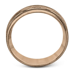 A textured white gold exterior conceals a rose gold interior accent in this elegant, modern wedding band