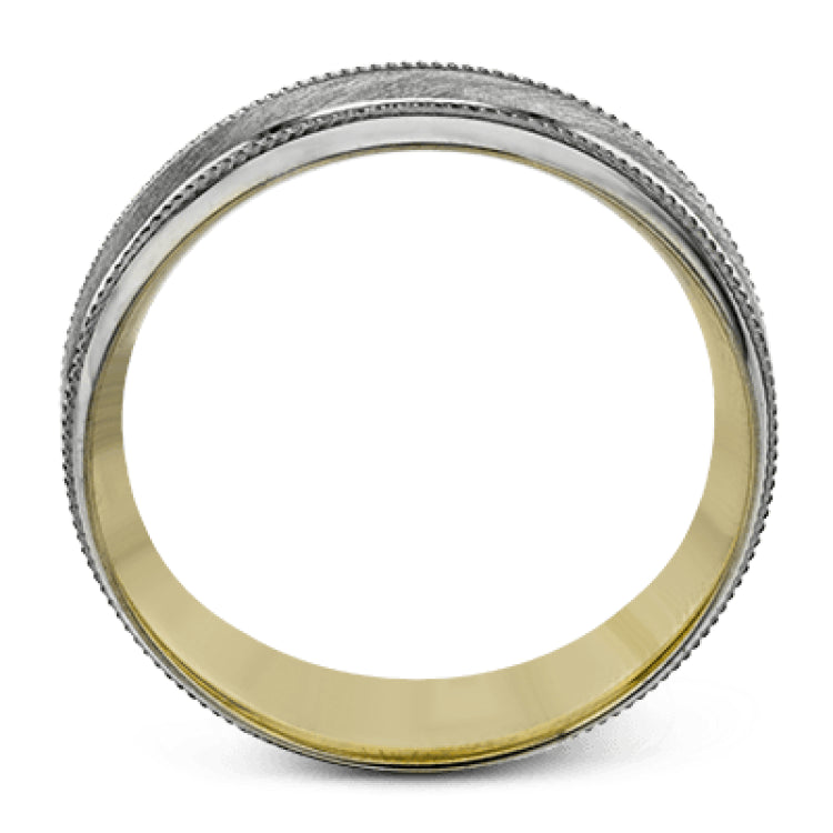 A textured white gold exterior conceals a rose gold interior accent in this elegant, modern wedding band