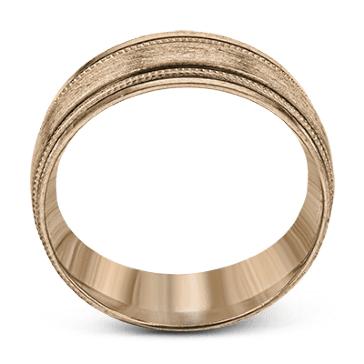 A textured rose gold exterior conceals a classic white gold interior in this elegant, modern wedding band