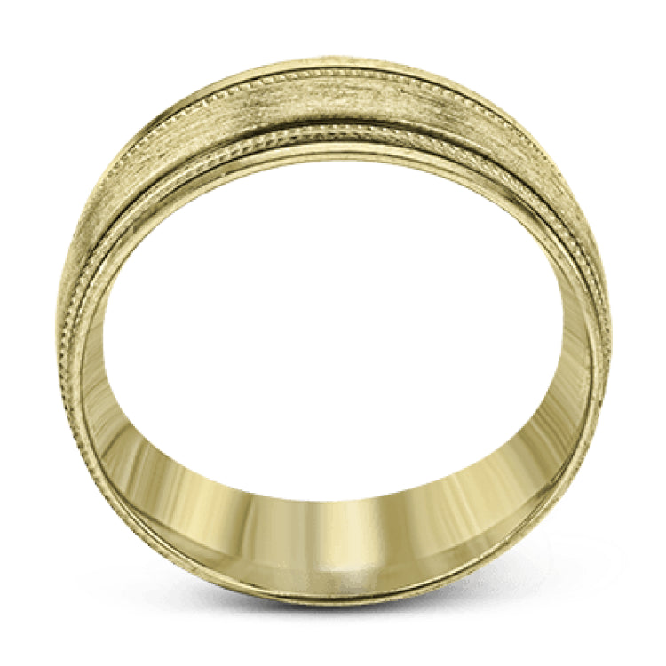 A textured rose gold exterior conceals a classic white gold interior in this elegant, modern wedding band