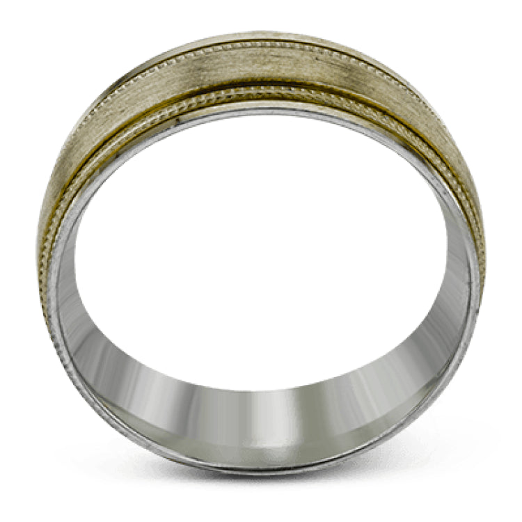 A textured rose gold exterior conceals a classic white gold interior in this elegant, modern wedding band