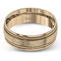 A textured rose gold exterior conceals a classic white gold interior in this elegant, modern wedding band