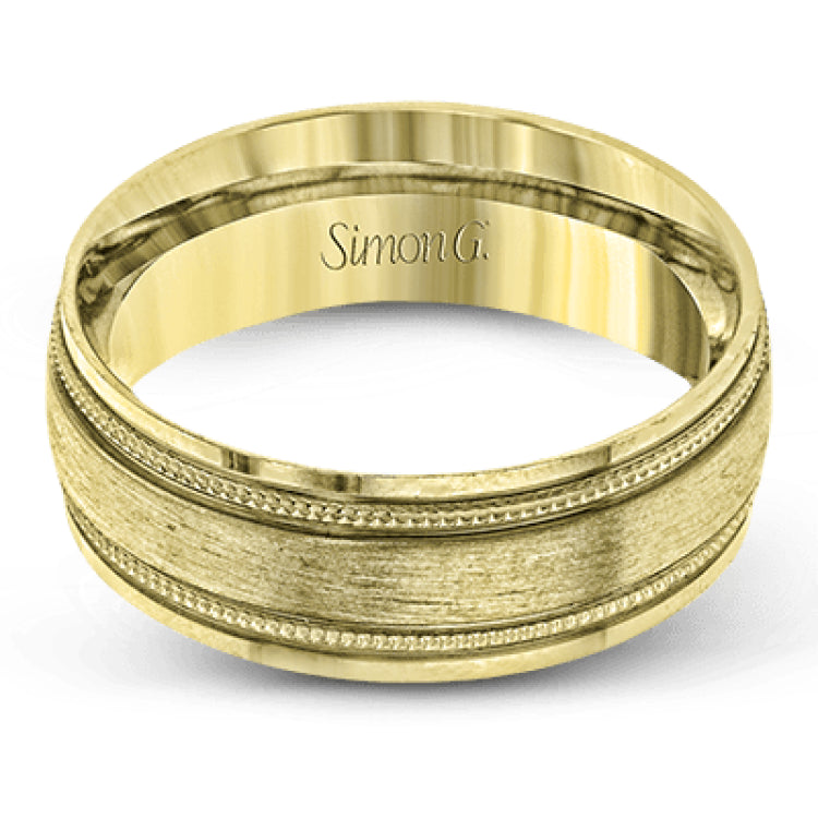 A textured rose gold exterior conceals a classic white gold interior in this elegant, modern wedding band