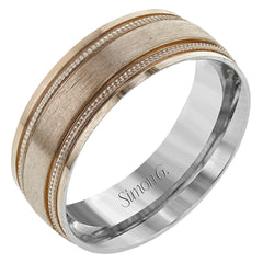 A textured rose gold exterior conceals a classic white gold interior in this elegant, modern wedding band