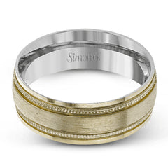 A textured rose gold exterior conceals a classic white gold interior in this elegant, modern wedding band