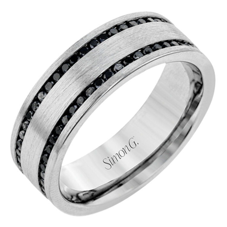 The clean, modern design of this wedding band features an impressive 1.20 ctw of black diamonds in two rows against a brushed grey gold background.