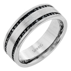 The clean, modern design of this wedding band features an impressive 1.20 ctw of black diamonds in two rows against a brushed grey gold background.