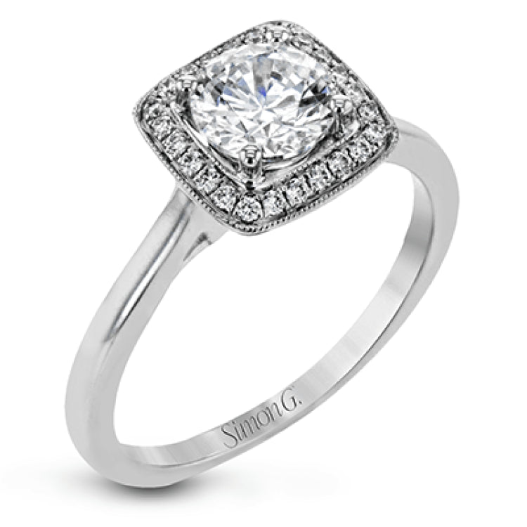 Tasteful yet glamorous, this white gold ring features an eye-catching square halo that glitters with .11 ctw of round white diamonds.