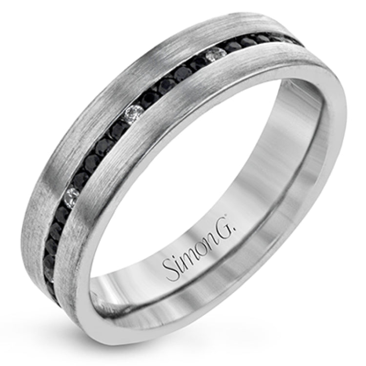 This splendid, modern wedding band in brushed white gold features .53 ctw of black diamonds highlighted by .10 ctw of white diamond accents.
