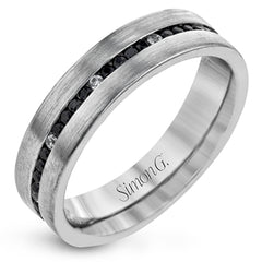 This splendid, modern wedding band in brushed white gold features .53 ctw of black diamonds highlighted by .10 ctw of white diamond accents.