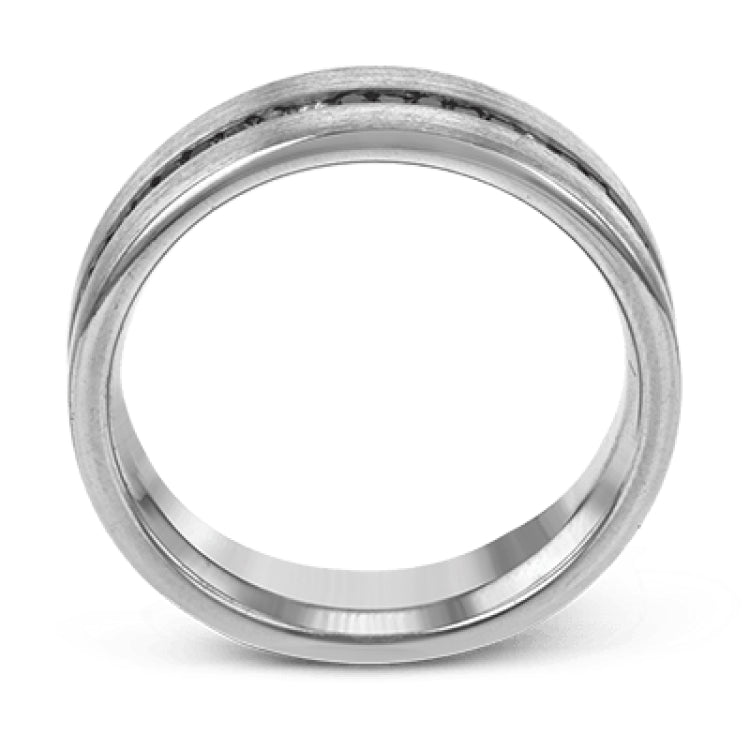 This splendid, modern wedding band in brushed white gold features .53 ctw of black diamonds highlighted by .10 ctw of white diamond accents.