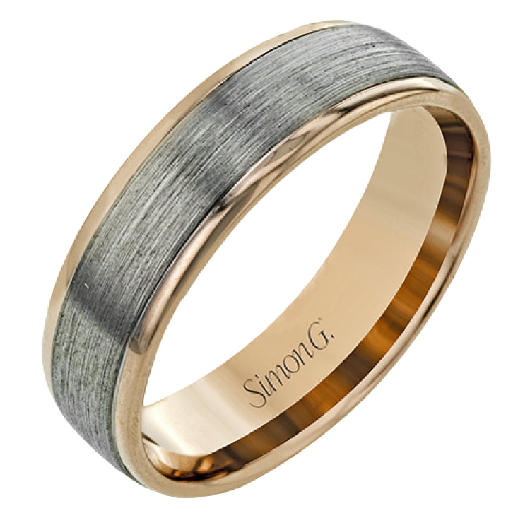 This 14k two-toned gold men's band is a fresh twist on a timeless look, with brushed gray gold in the center and high polish rose gold edges.