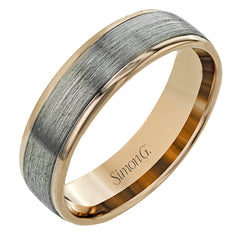 This 14k two-toned gold men's band is a fresh twist on a timeless look, with brushed gray gold in the center and high polish rose gold edges.