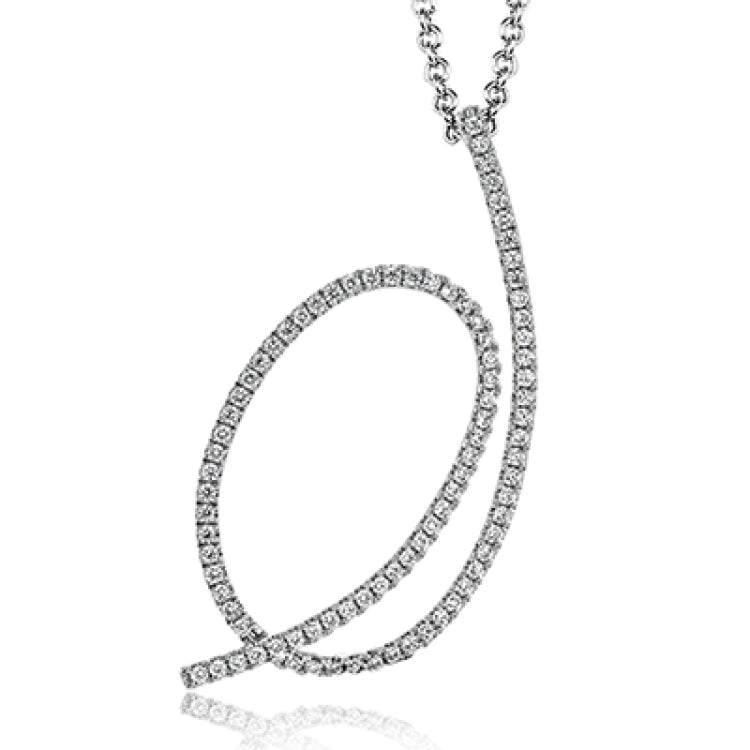 This modern white gold pendant's abstract, swooping shape is set with .29 ctw of glimmering white diamond accents